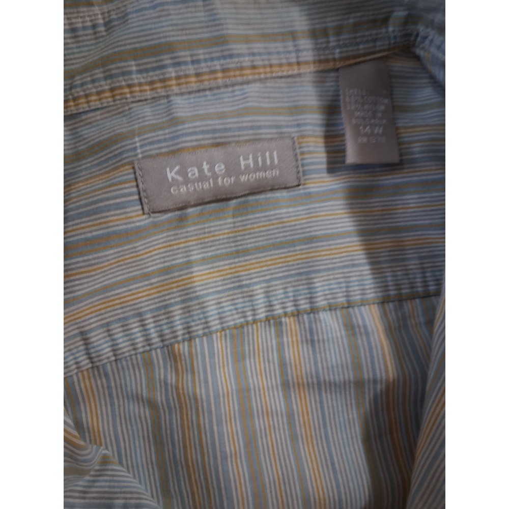 Kate Hill Women Blue Orange Striped Button Down Roll Tab Sleeve Shirt 14W - Picture 2 of 9